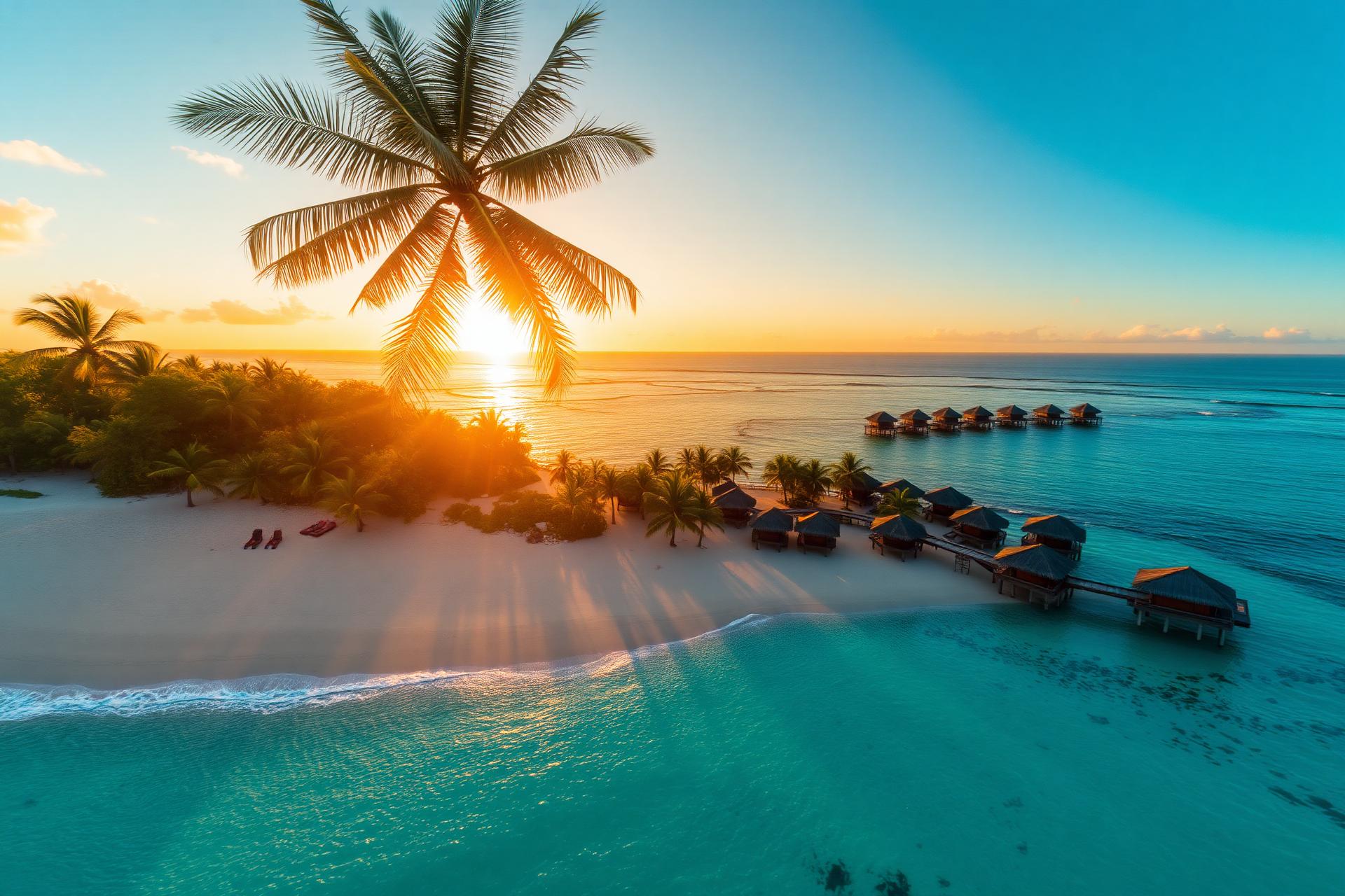 Aerial view of a tropical island resort at golden hour